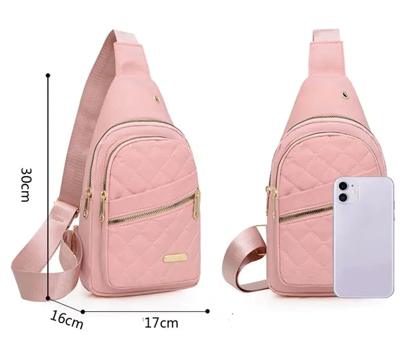 Minimalist large-capacity women's chest bag by Simples Market; pink quilted bag with multiple zip pockets and adjustable crossbody strap.