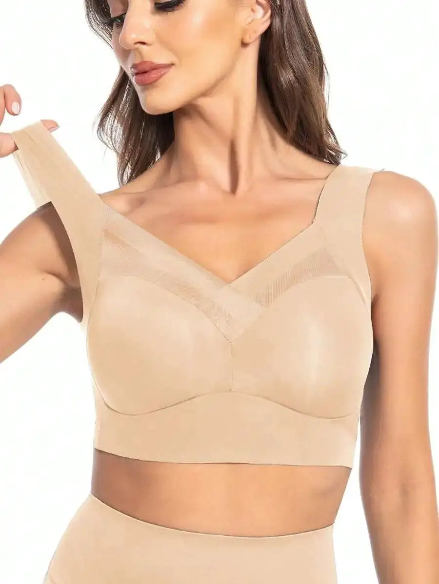 Seamless wireless bralette in beige with mesh V-neck trim