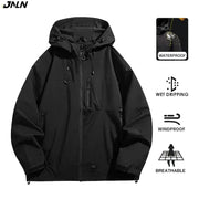 Unisex waterproof windbreaker jacket by JNLN; black with hood and zip pockets