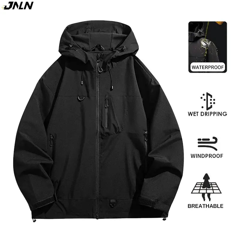 Unisex waterproof windbreaker jacket by JNLN; black with hood and zip pockets