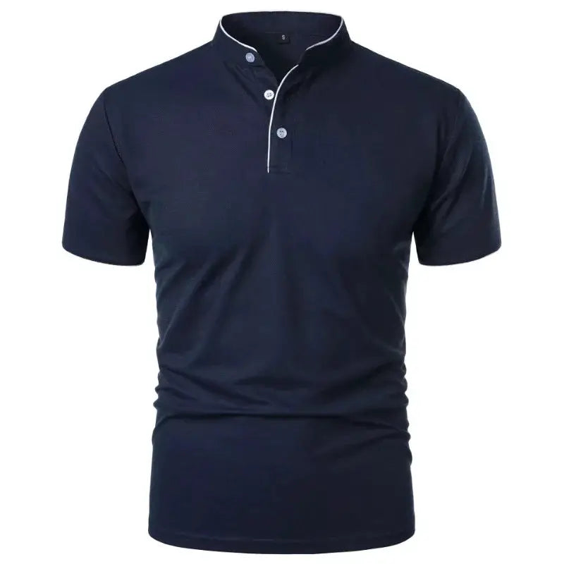 Men's navy short-sleeve polo shirt with collar and button placket