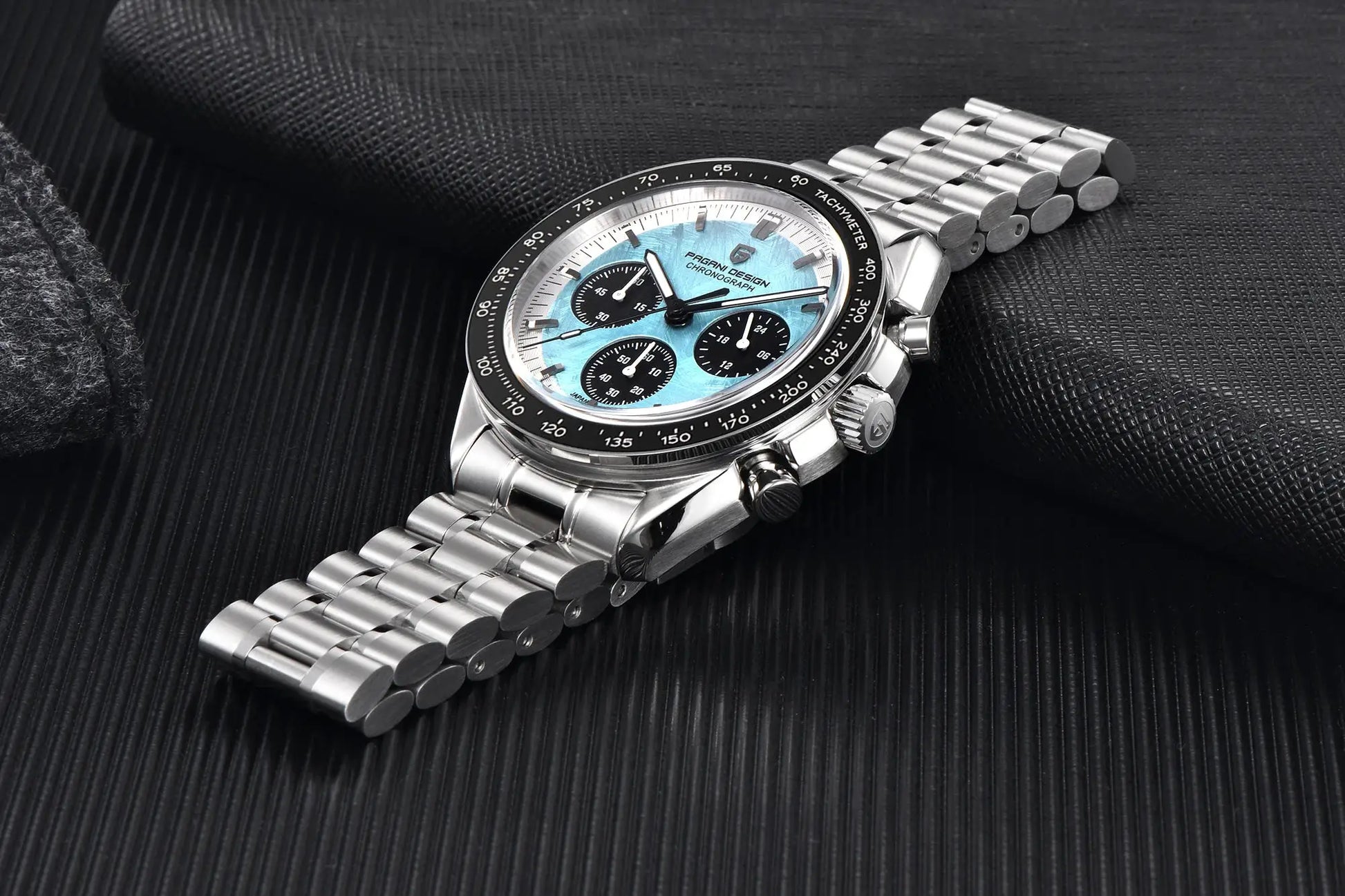 Pagani Design VK63 Chronograph men's watch, blue dial, stainless steel bracelet, tachymeter bezel.