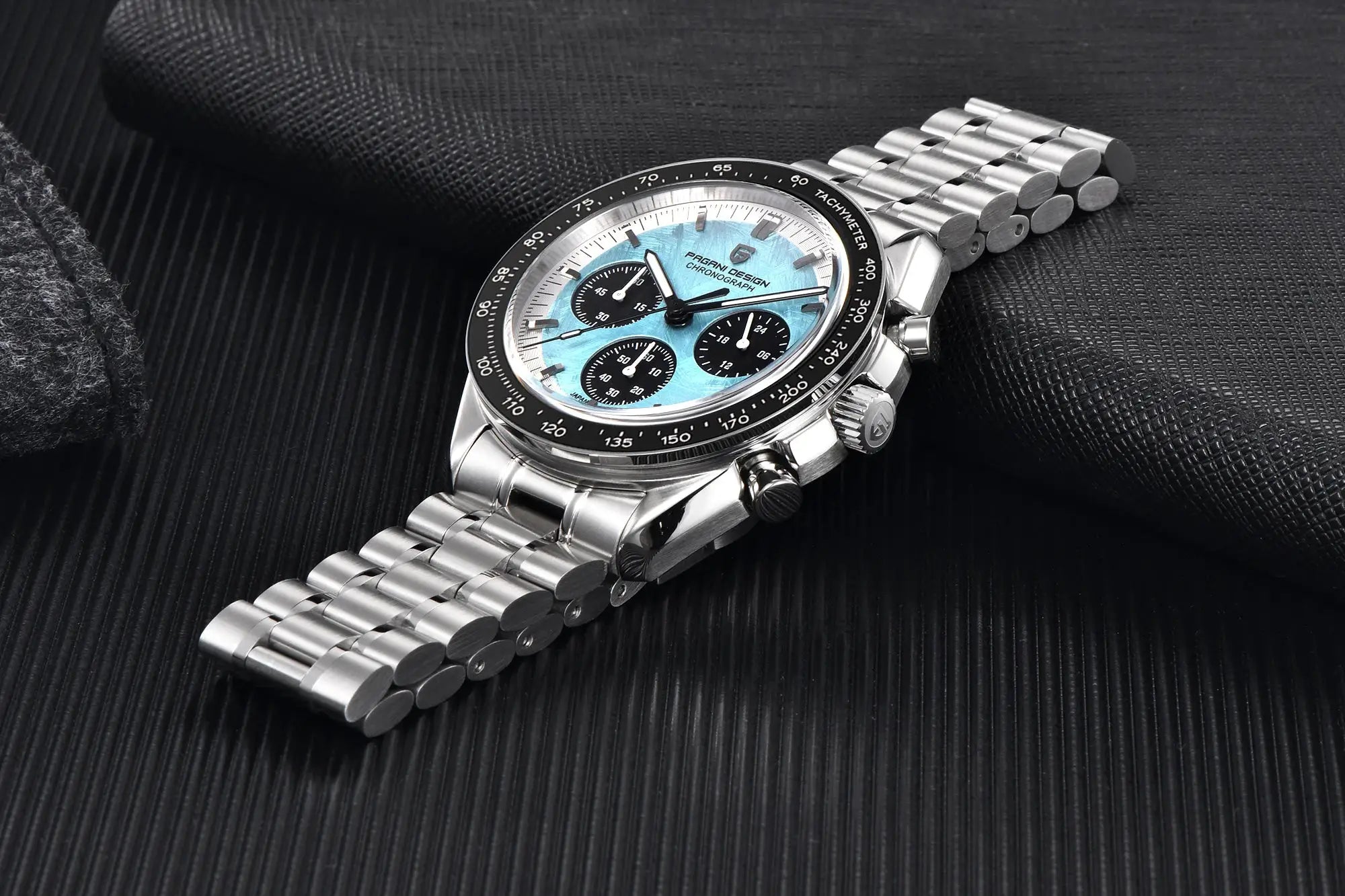 Pagani Design VK63 Chronograph men's watch, blue dial, stainless steel bracelet, tachymeter bezel.
