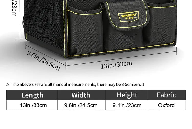 WINHUNT Tote Bag, black Oxford fabric tool bag with yellow trim, 10-pocket wide-mouth electrician tool bin