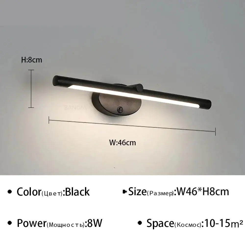 Black LED wall lamp for mirrors, a slim horizontal bar 46 cm wide and 8 cm high, wall-mounted with touch switch.