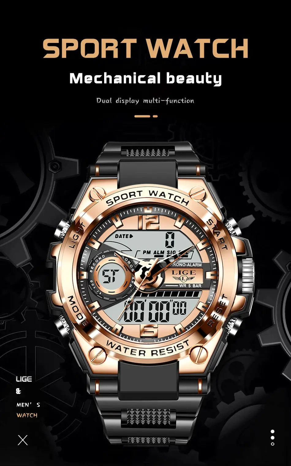 LIGE men military sport watch with rose-gold bezel, black strap, dual digital-analog display, water resistant