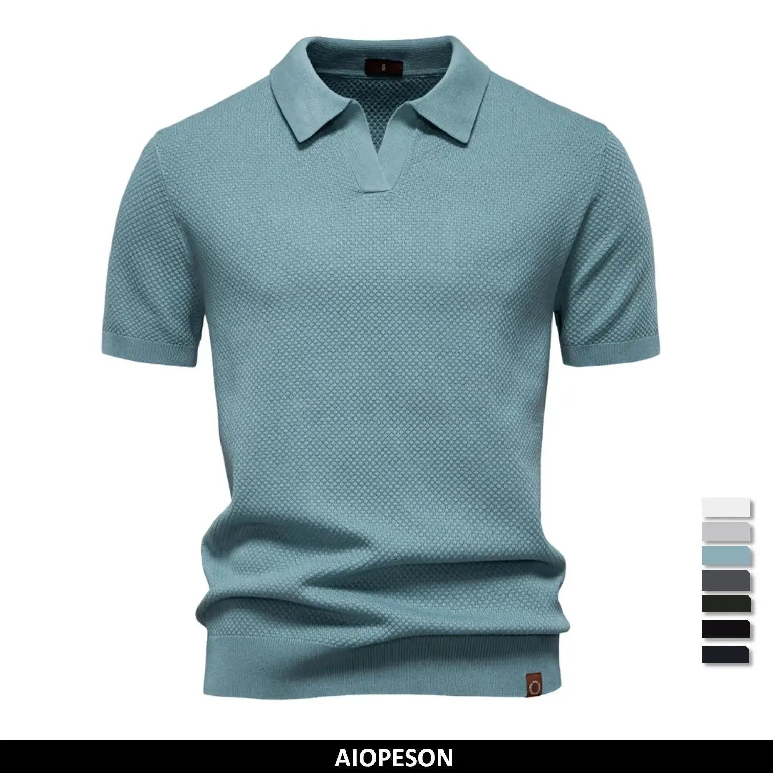 Men's solid teal blue golf polo shirt with breathable honeycomb knit and short sleeves.