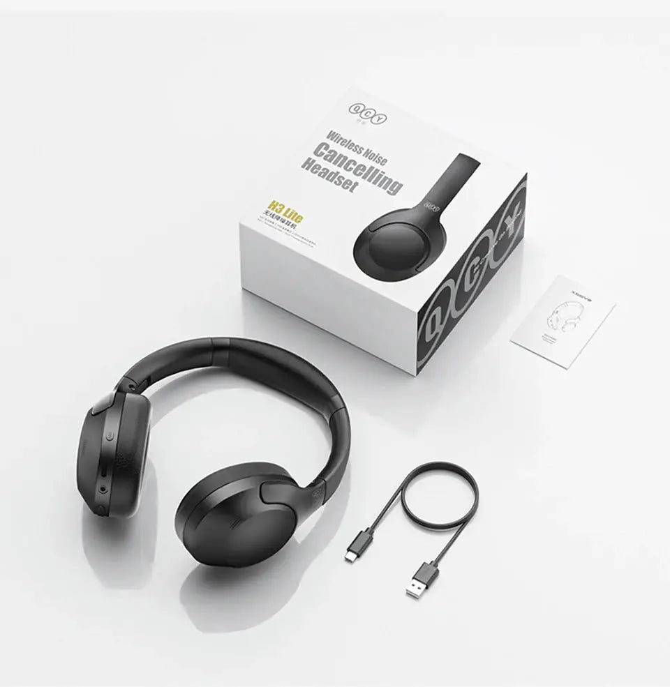 QCY H3 Lite ANC over-ear headphones, black, with USB-C to USB-A cable