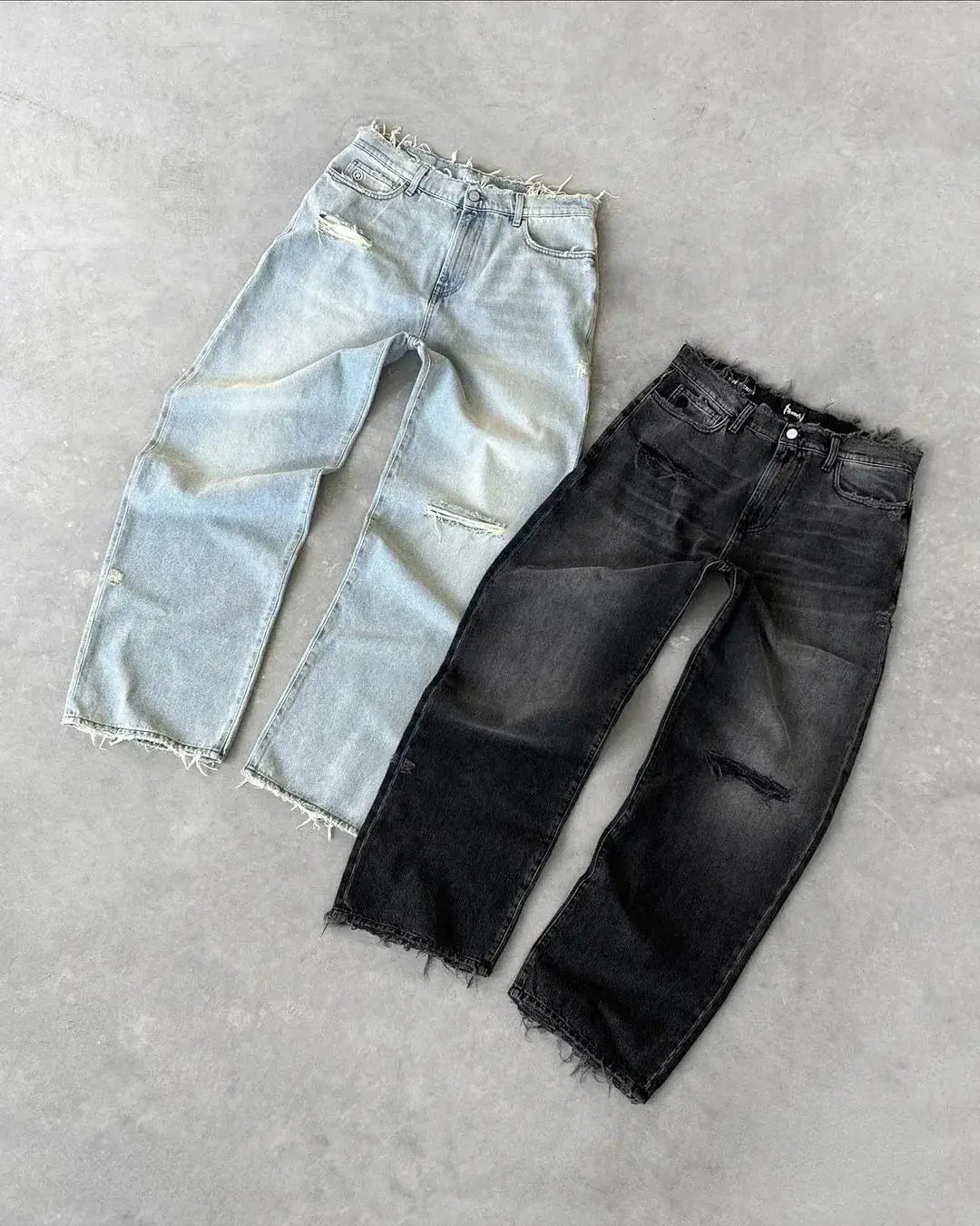 Straight distressed denim jeans for men in light wash and black, ripped knees with frayed hems, 2 pairs