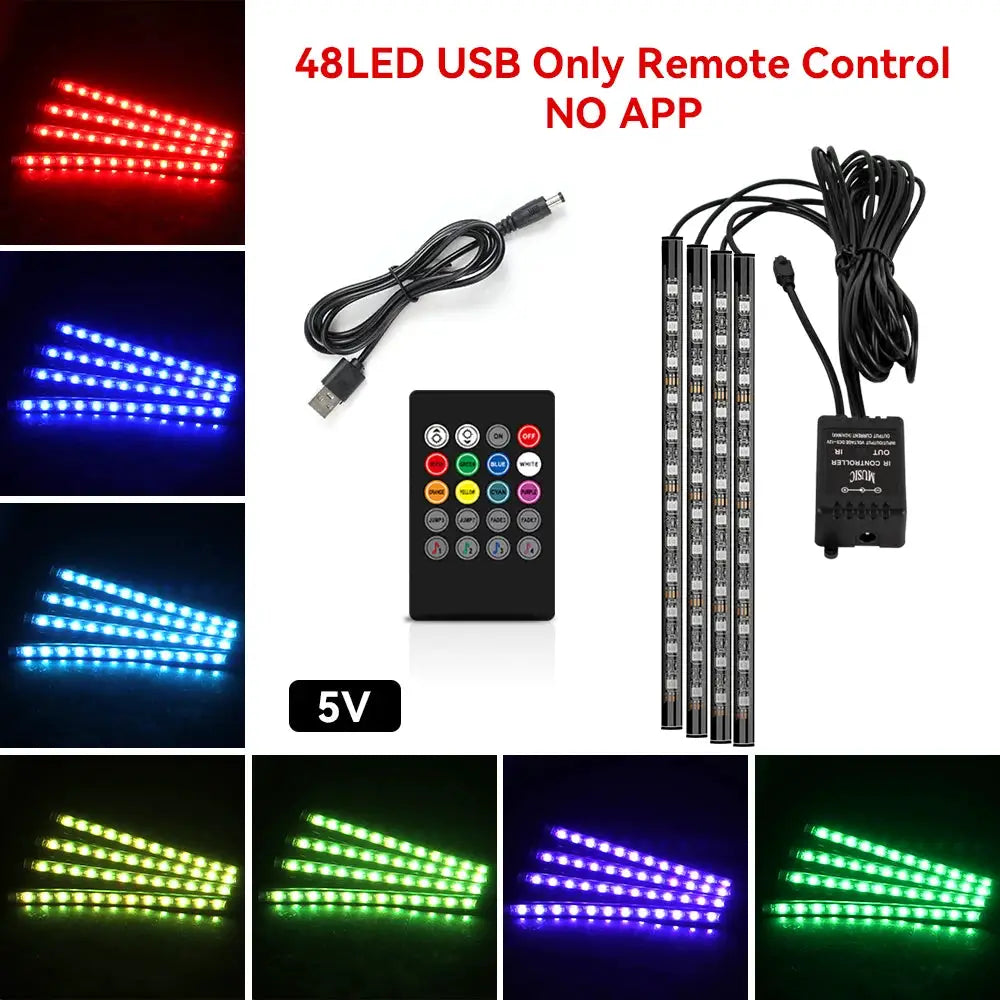 Neon 36 48 72 LED Car Interior Ambient Foot Light Kit RGB With Remote App And Music Sync Control