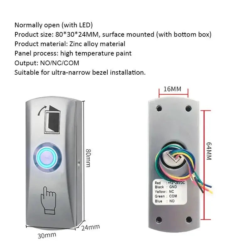 Simples Market door exit release button zinc alloy panel with blue LED ring, surface-mounted access control switch.
