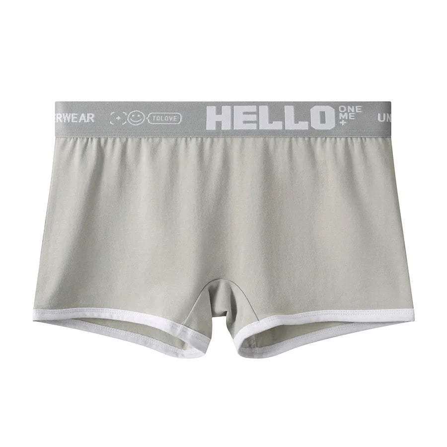 Women's cotton boyshorts from Simples Market, light gray with white trim and HELLO waistband