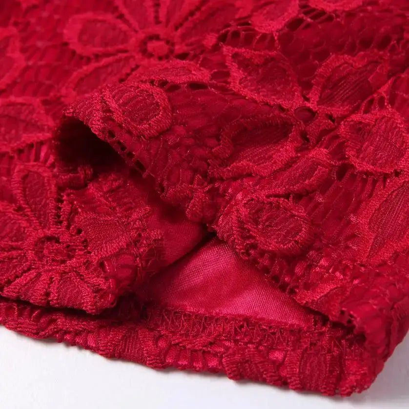 Summer Lace Women’s Blouse red floral lace fabric close-up
