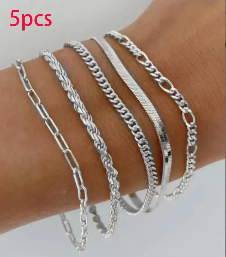 5 Or 15 Pcs Set Silver Chain Bead Bracelets For Women Simple Elegant Jewelry For Vacation Beach Party Casual Wear
