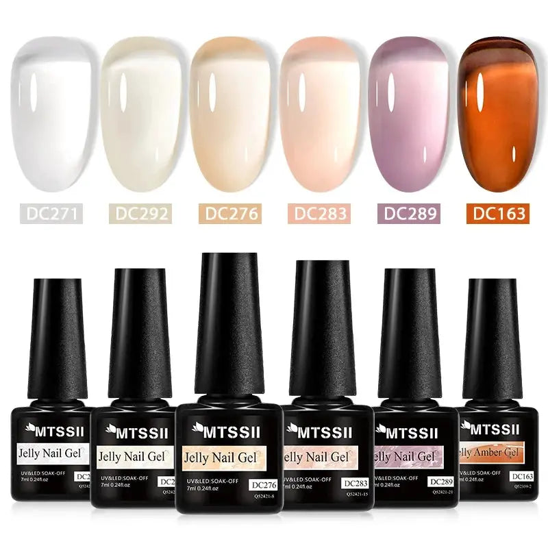 MTSSII Jelly Nail Gel 6-bottle set; white, ivory, beige, peach, pink-lavender, amber-brown colors.