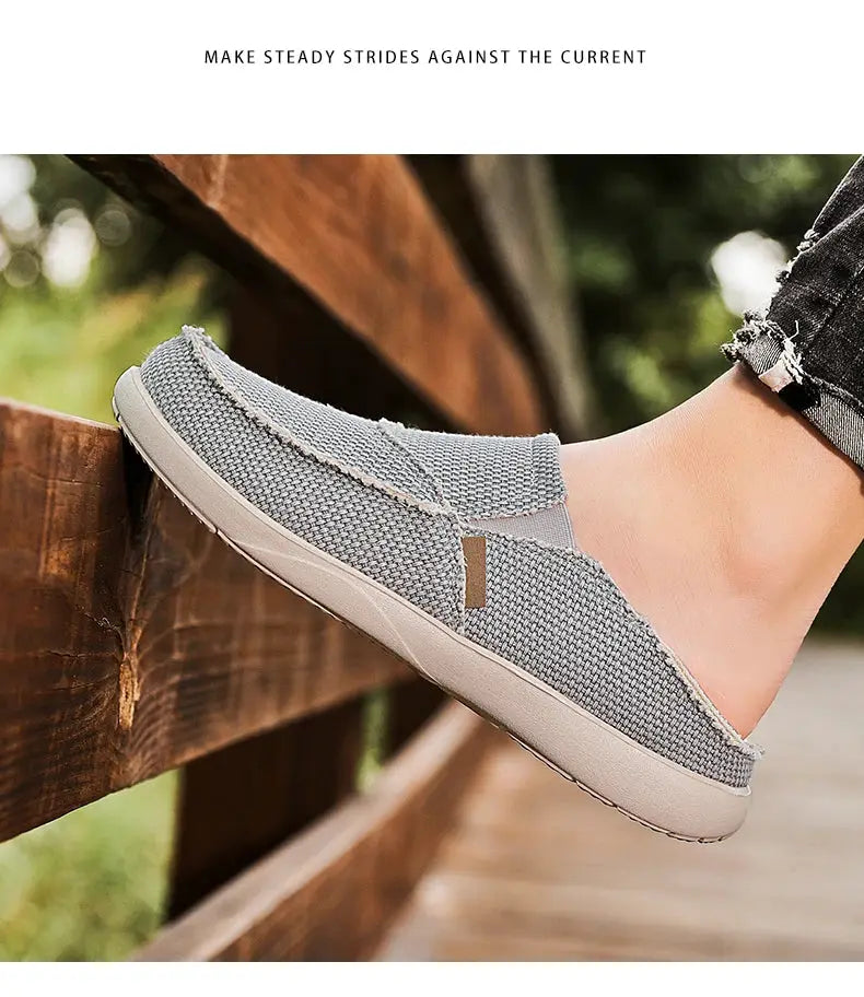 Men's gray canvas slip-on loafers, lightweight casual shoes