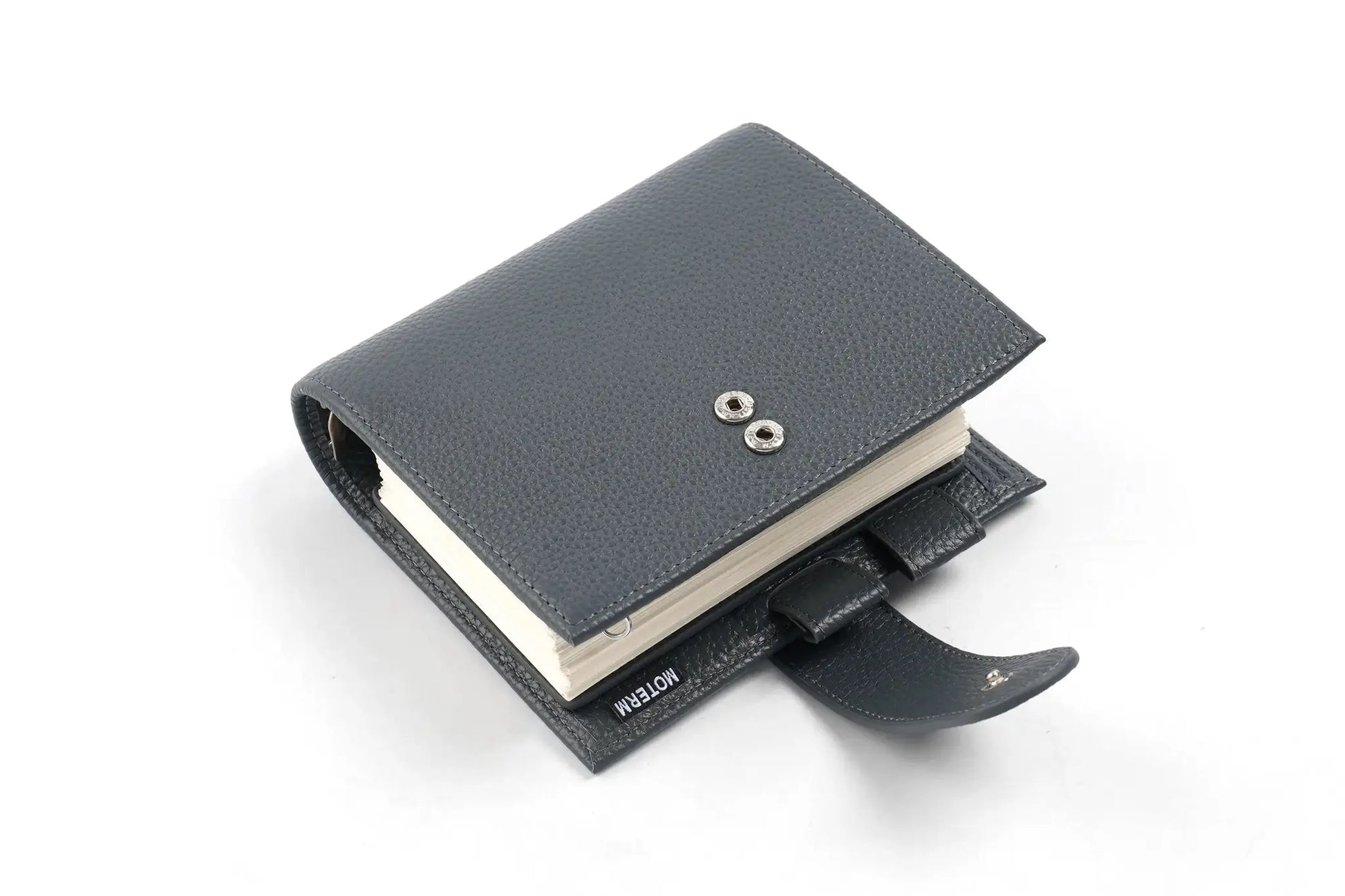 Moterm Luxe 2.0 pocket planner in pebbled gray leather with two metal studs on front