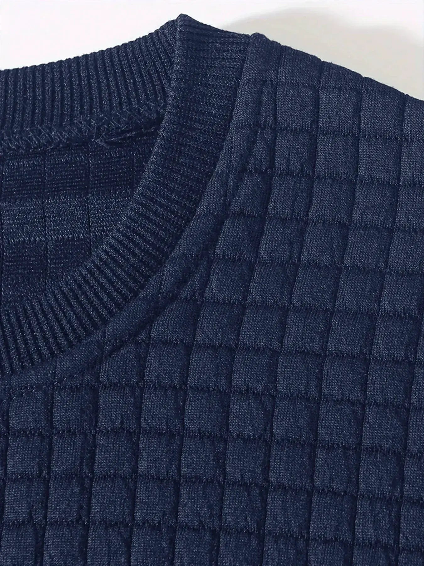 Men's navy blue crew-neck pullover sweater with jacquard check knit texture