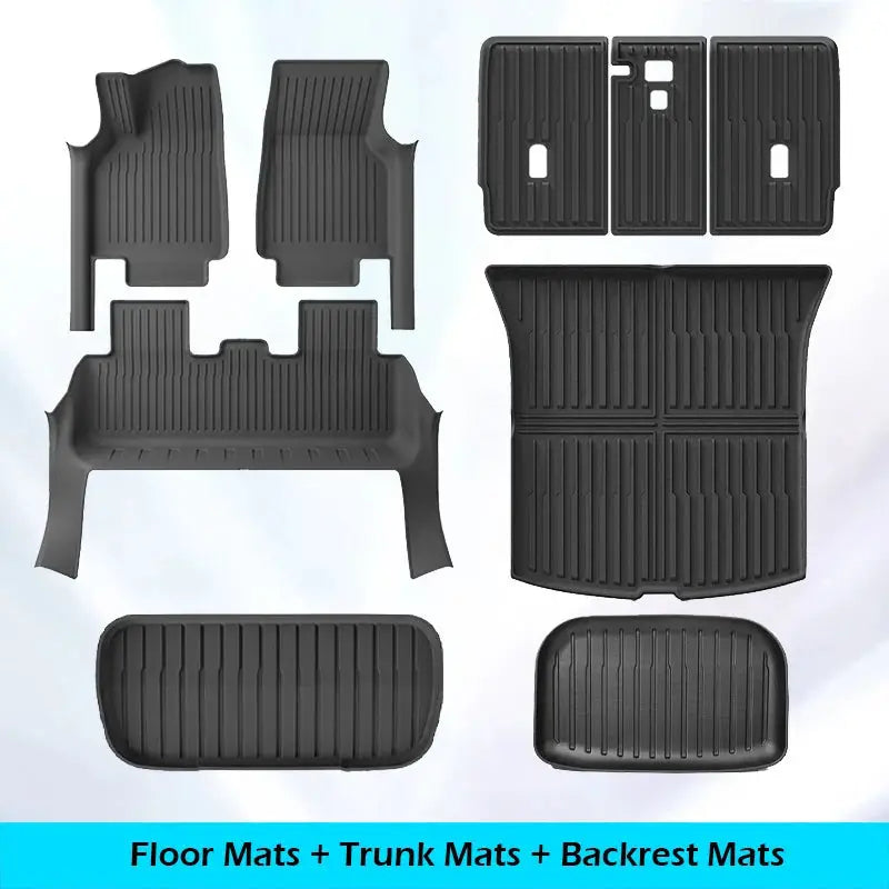 Tesla Model Y multi-piece floor mats set with trunk and backrest mats, black all-weather protection