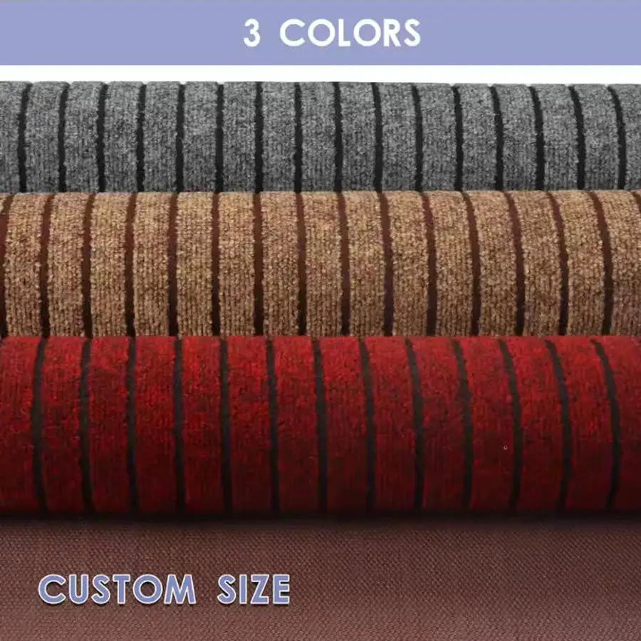 Polyester striped kitchen floor mat by Simples Market; non-slip, anti-fouling, shown in 3 colors (gray, tan, red).