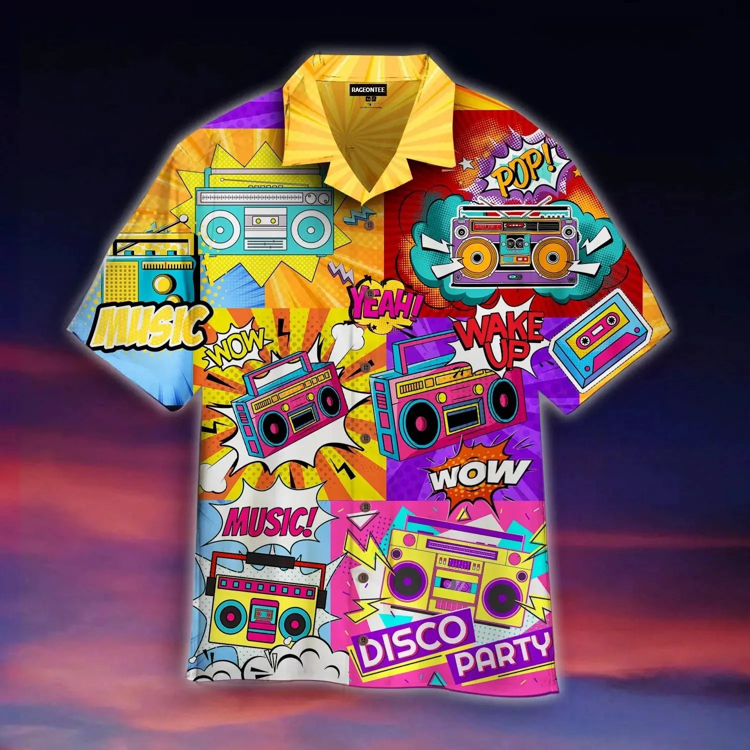 Hawaiian casual shirt with bold multicolor retro music print and boombox graffiti; Rageontee label.