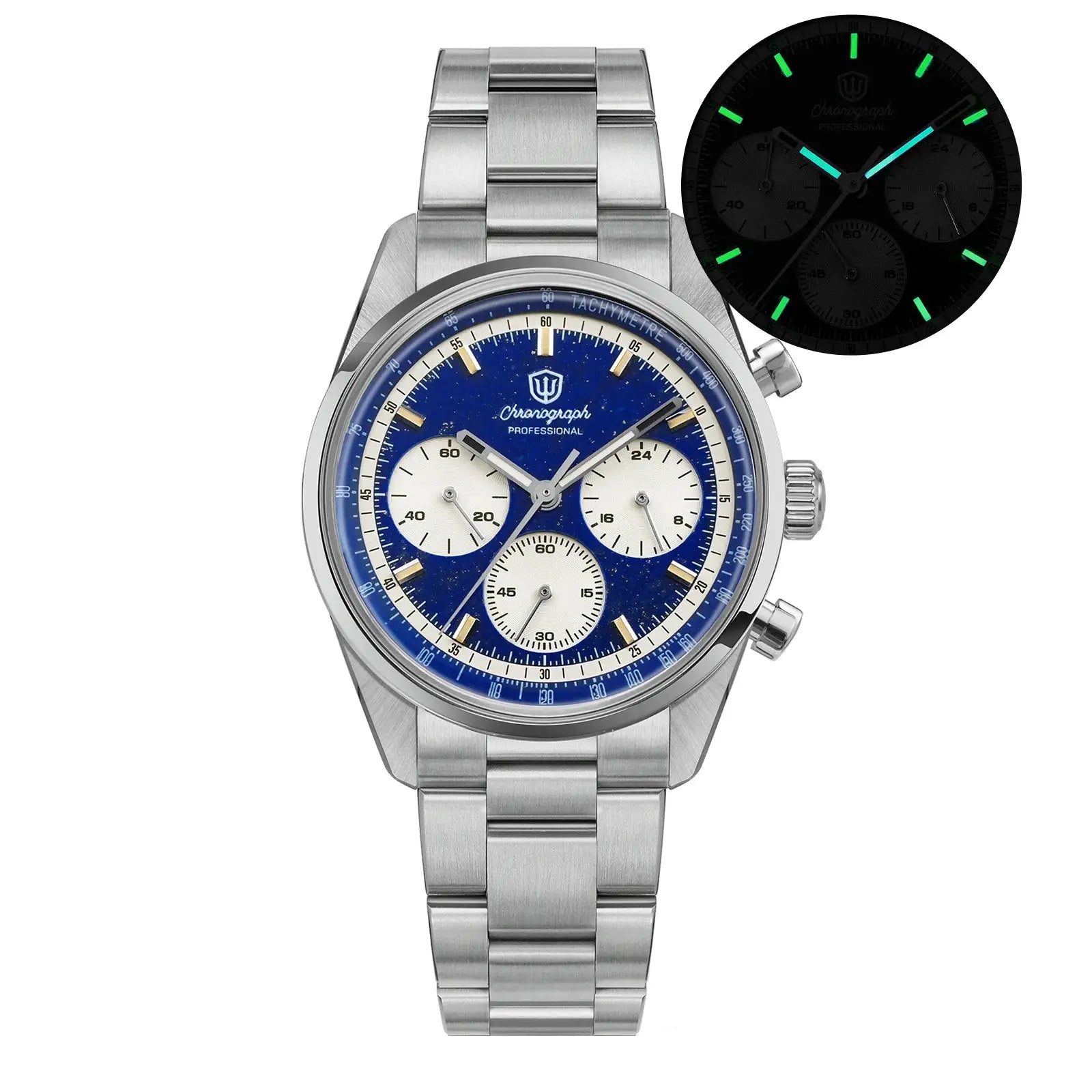 Watchdives WD0526 VK63 stainless steel chronograph watch with blue dial, three white subdials, tachymeter bezel
