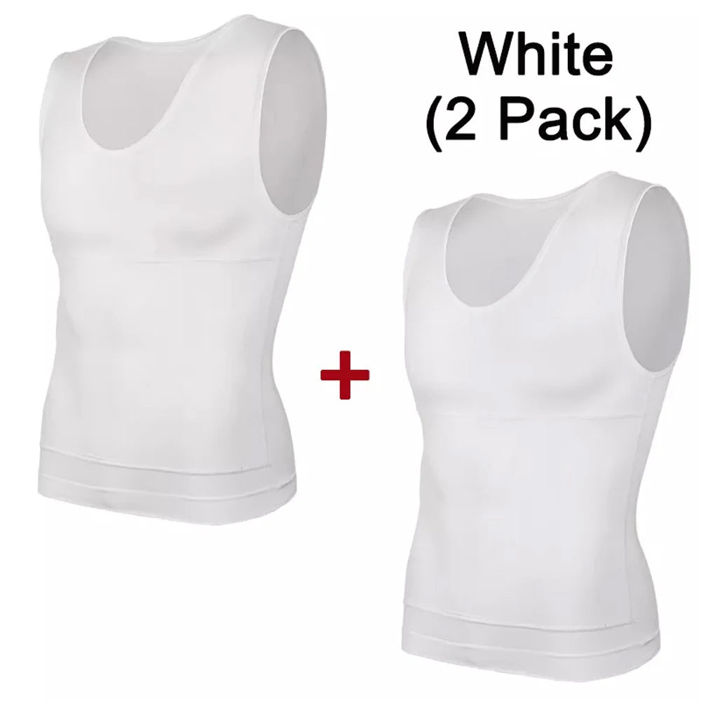 Men's white compression undershirts 2-pack, round-neck body shaper tops by Simples Market