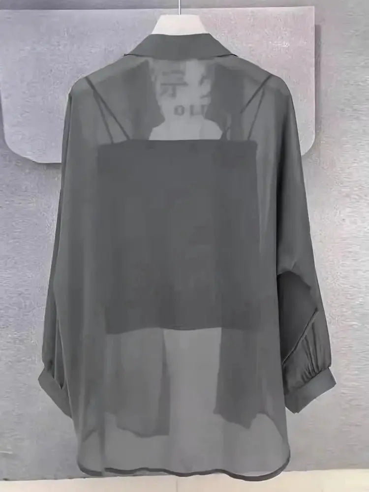 Plus-size chiffon blouse gray sheer long-sleeve loose-fit top