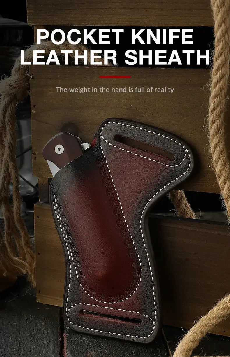 Simples Market pocket knife leather sheath in brown cowhide with white stitching.