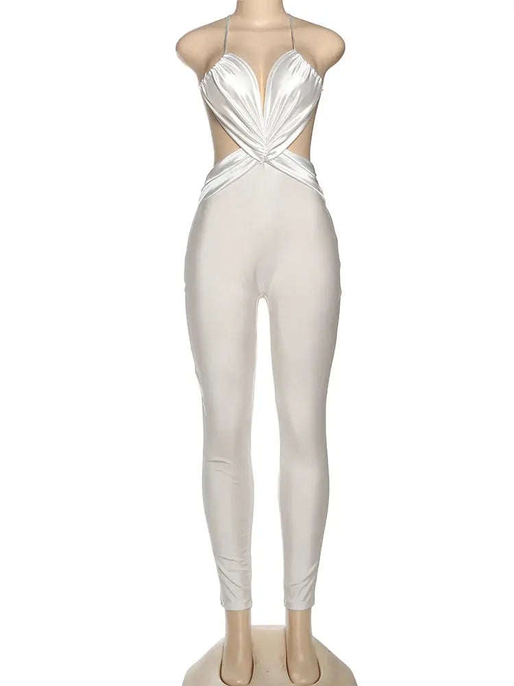 Kliou backless cross-pleated satin jumpsuit, ivory halter-neck one-piece for party wear