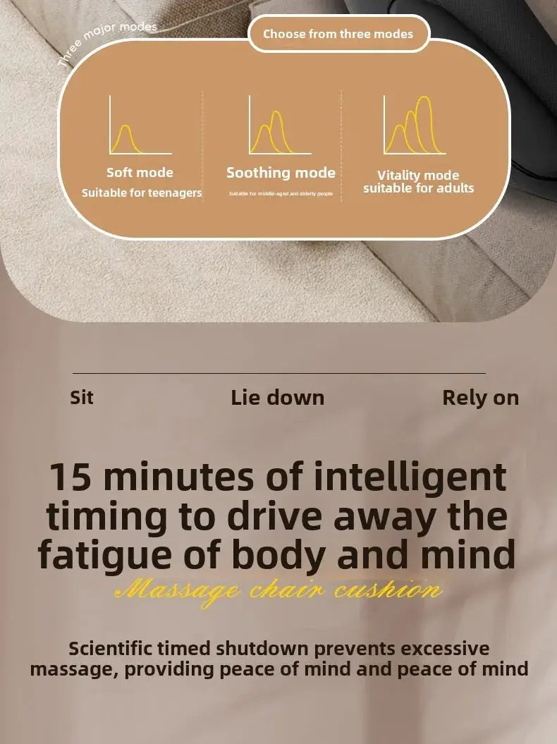 Massage chair cushion by Simples Market with three modes: Soft, Soothing, Vitality; beige-brown relaxation cushion.
