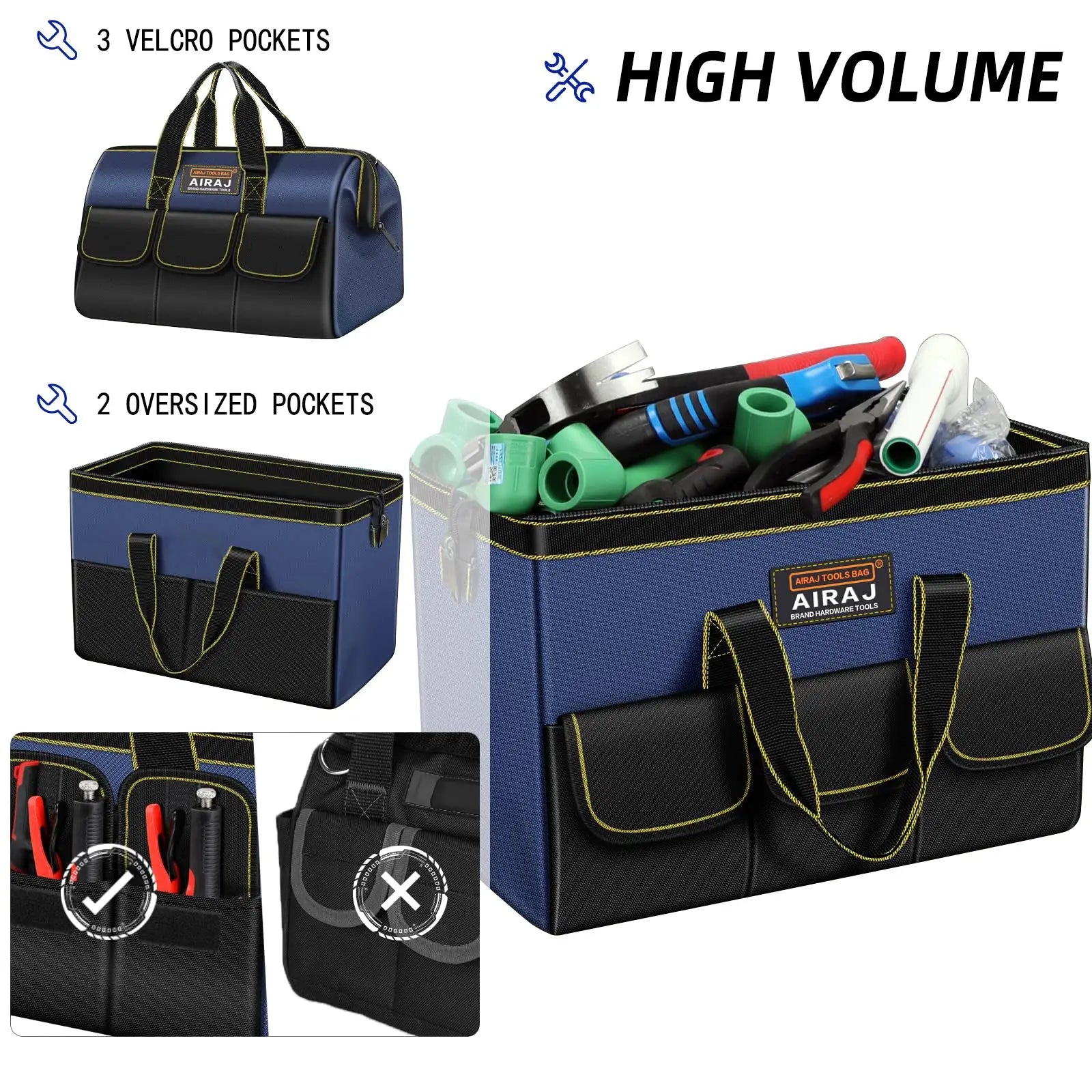 AIRAJ multifunctional tool bags in blue 1680D Oxford cloth, waterproof and wear-resistant, high-capacity storage