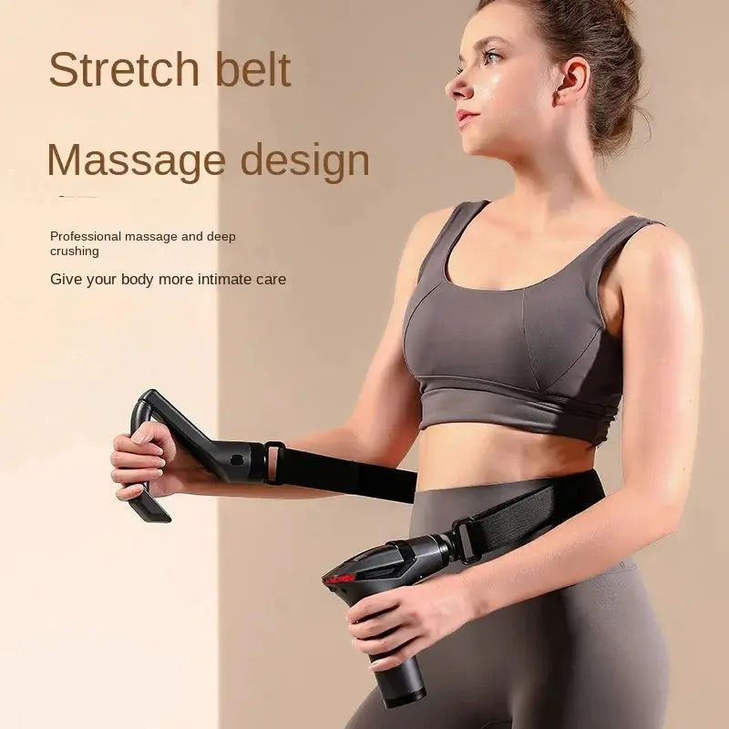 Simples Market long-handle electric massage gun, black with stretch belt worn at the waist