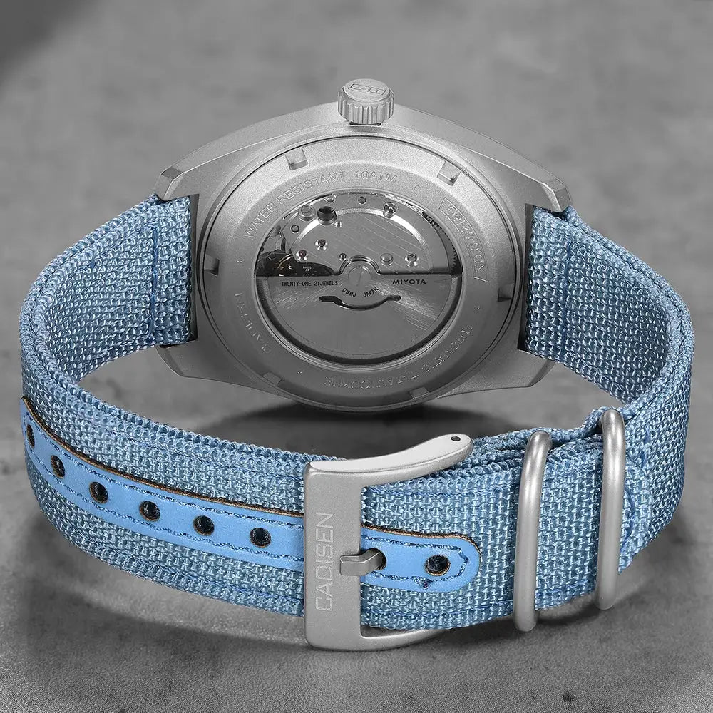 CADISEN TI-7 Autodyne automatic wristwatch with titanium-steel case and blue canvas strap, Miyota 8215 movement
