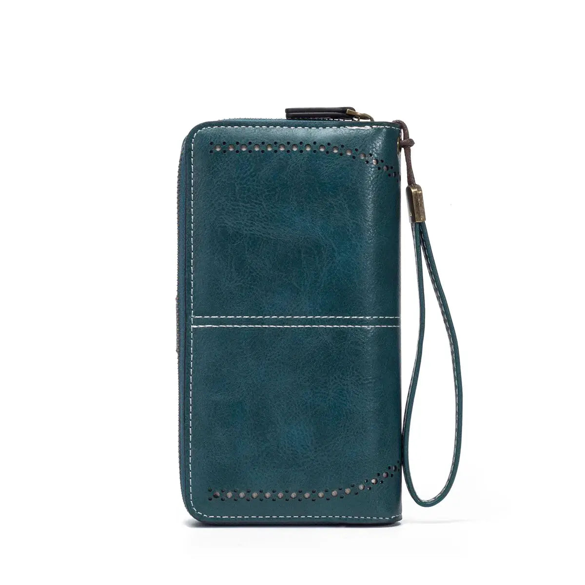 Simples Market RFID long wallet with wrist strap, teal oil-waxed leather, perforated trim