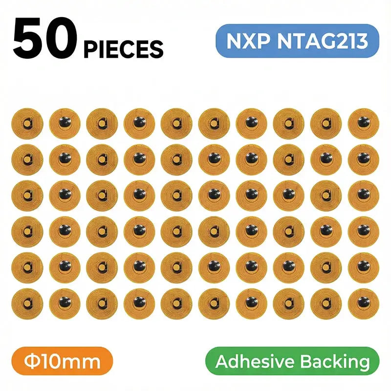 NXP NTAG213 RFID NFC tags, 50 pieces, 10mm diameter, adhesive-backed passive 13.56MHz cards