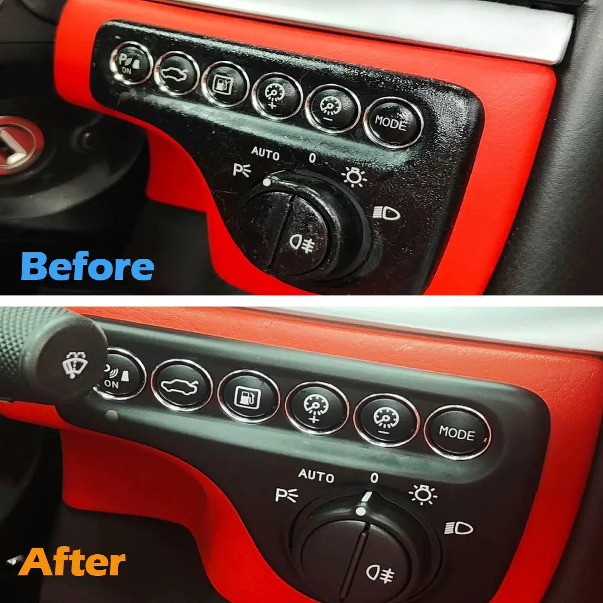 Sticky Button Cleaning Refurbishment by Simples Market; before and after view of round car dashboard controls on a red panel.