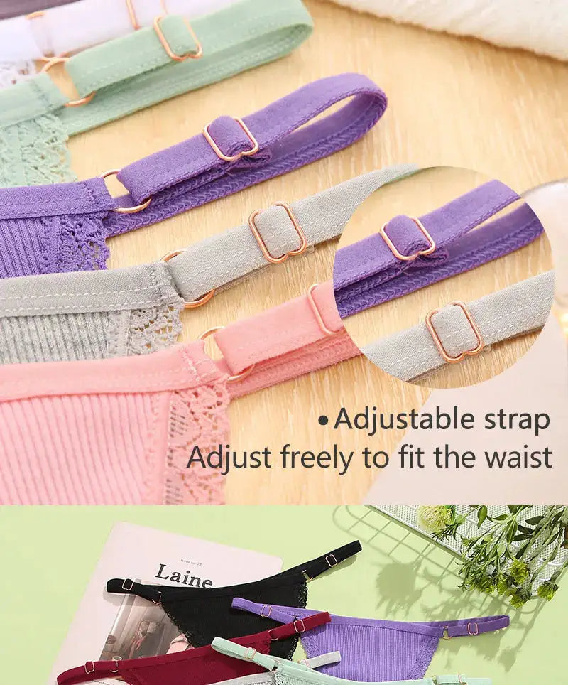FINETOO 5-piece cotton G-string panty set with adjustable waist straps in pastel colors