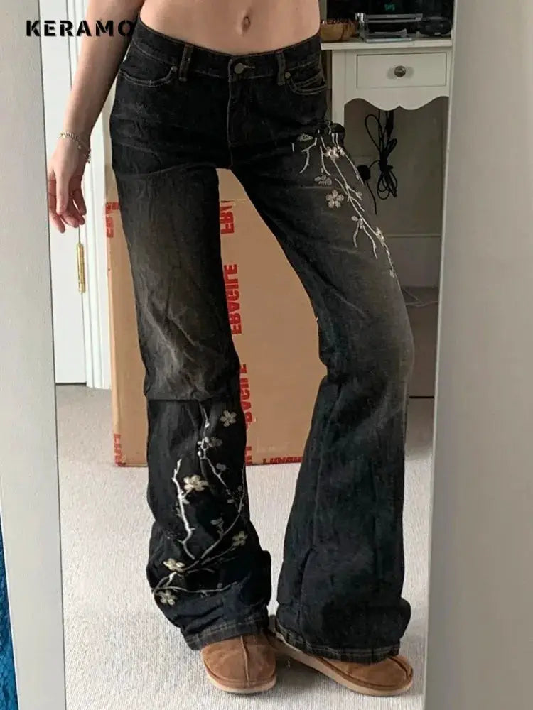 Weekeep Floral Embroidery Jeans Y2K Vintage Low Rise Flared Denim