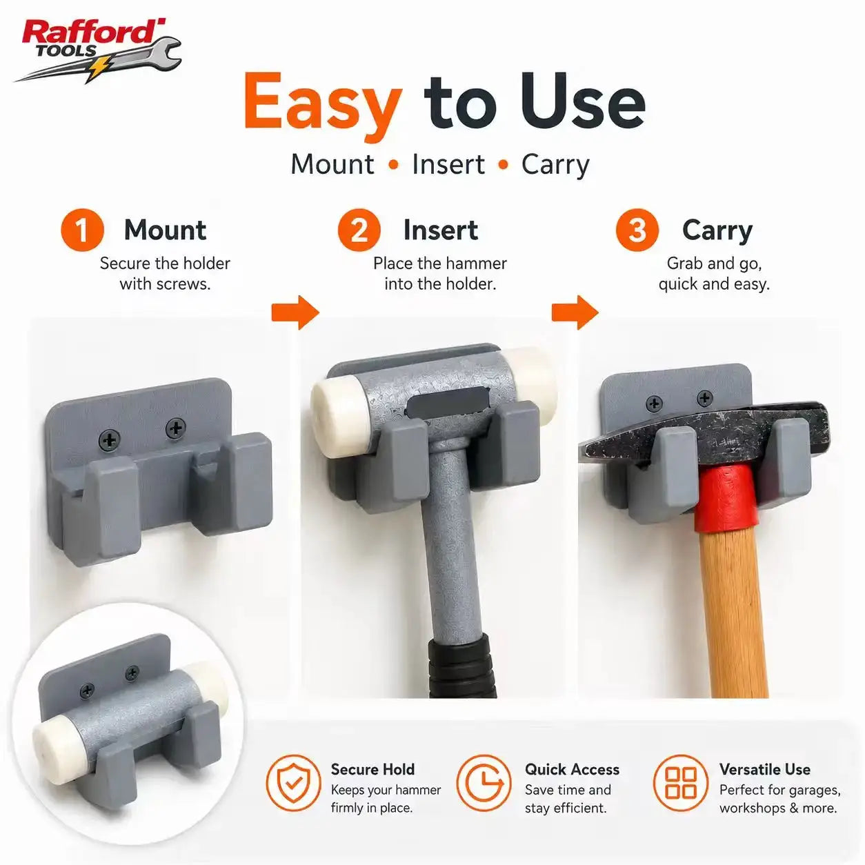 Rafford Tools wall-mounted hammer holder with dual gray grips for secure hammer storage in garage/workshop