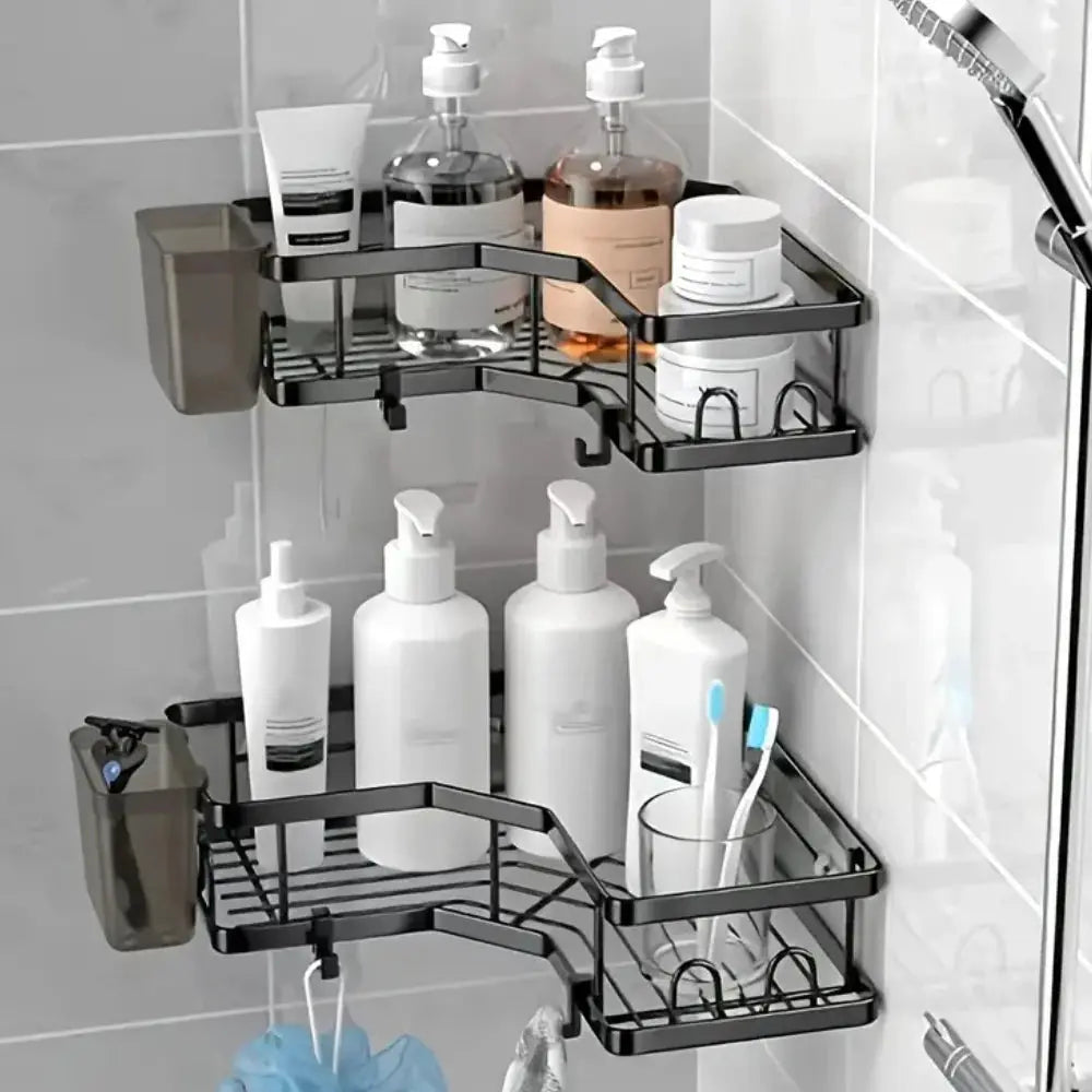 No Drilling stainless steel triangle double-layer corner shelf, two tiers for bathroom storage, black finish.