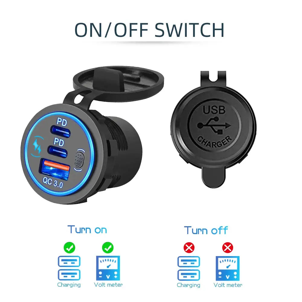 Velev 78W PD3.0 QC3.0 Dual USB C Ports Car Charger Socket Waterproof With LED Touch Switch 12V/24V For Moto