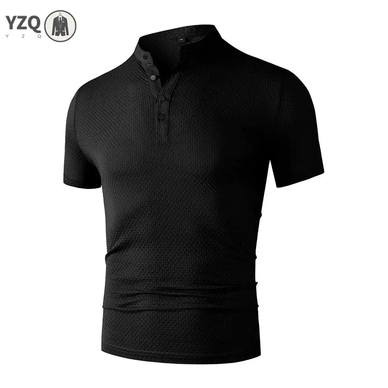 Men's black textured polo shirt, short sleeves, breathable fabric by Simples Market