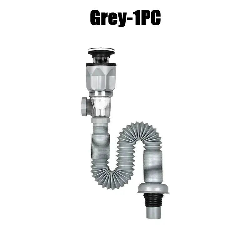 Simples Market kitchen sink drain hose assembly, grey flexible corrugated hose with fittings.