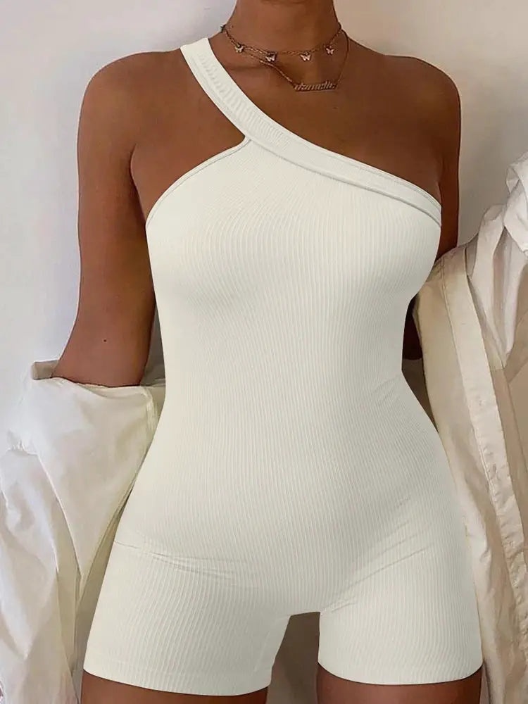 Women's white ribbed one-shoulder romper jumpsuit with tummy-control, seamless fit.