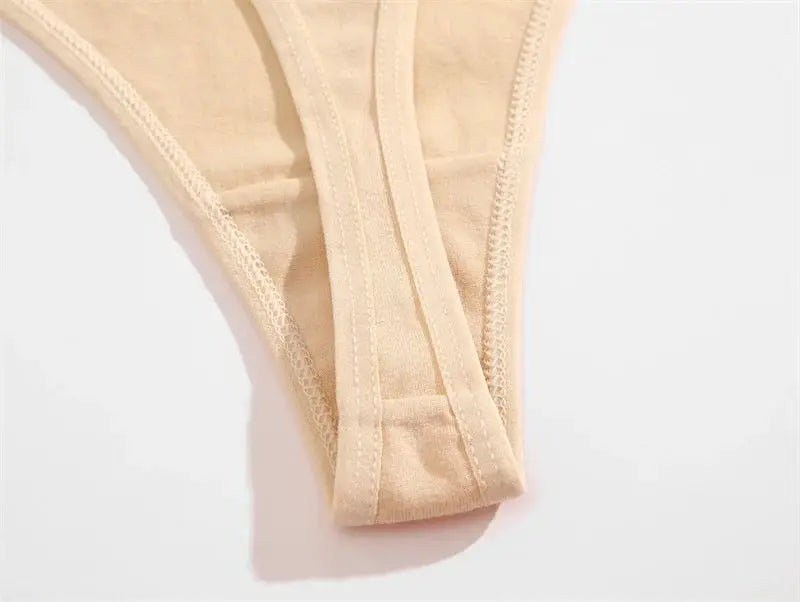 Beige seamless cotton thong panty, low-rise V-waist; 4-piece women's underwear set