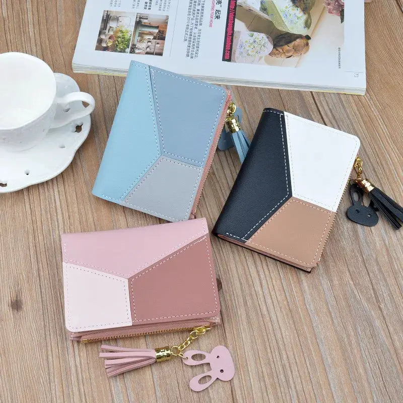 Fashion wallets set of 3 PU leather color-block purses with tassel zippers in pink, blue and black