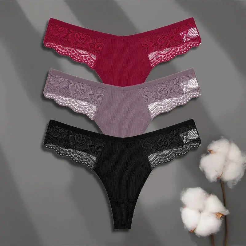 3-pack women's cotton lace-trim thongs in red, mauve, and black