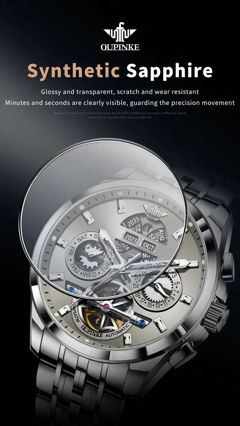 OUPINKE 3251 men’s skeleton automatic watch with sapphire crystal and stainless steel bracelet