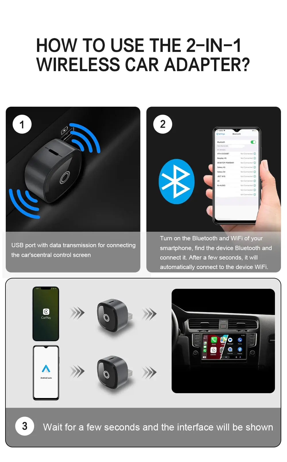 XUDA 2-in-1 wireless CarPlay/Android Auto adapter; compact black dongle with USB/BT icons, two adapters shown.